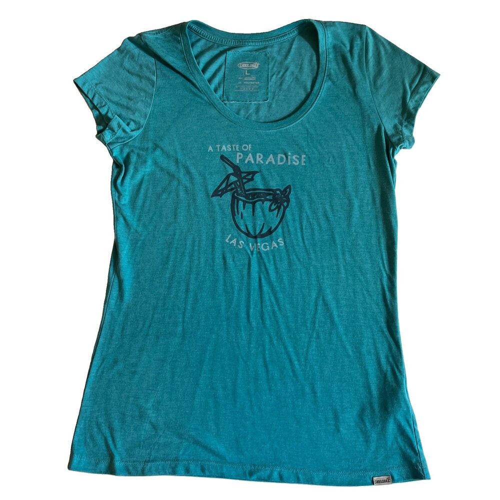 Cariloha Bamboo T Shirt Womens L Teal Blue Las Vegas Graphic Coconut Drink Soft